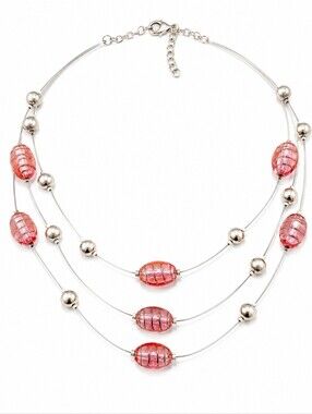 Multi-Strand Pink Glass Beaded Necklace Silver Tone Wire Illusion Statement